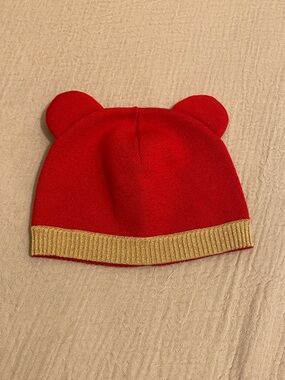 Gucci Red Knit Hat with Gold Trim and Ear Details Size L